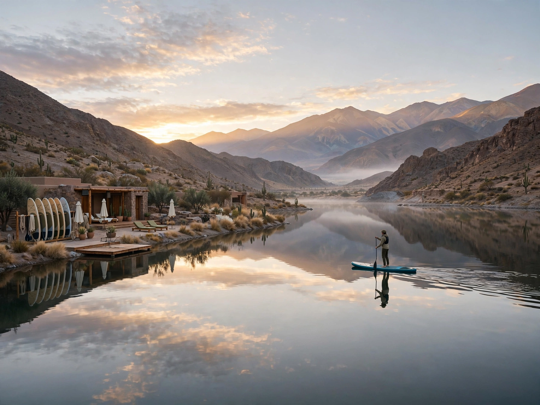 Stand up paddle en paisaje de valle, imagen conceptual de maqueta